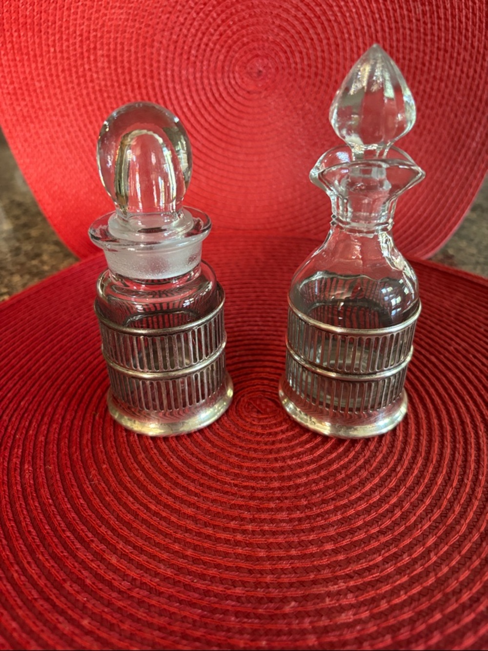 Clear Glass Bottles with Nickel Silver-Tone Ribbed Bands - Set of 2 - Vintage